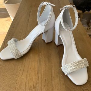 Block heel wedding white leather sandal